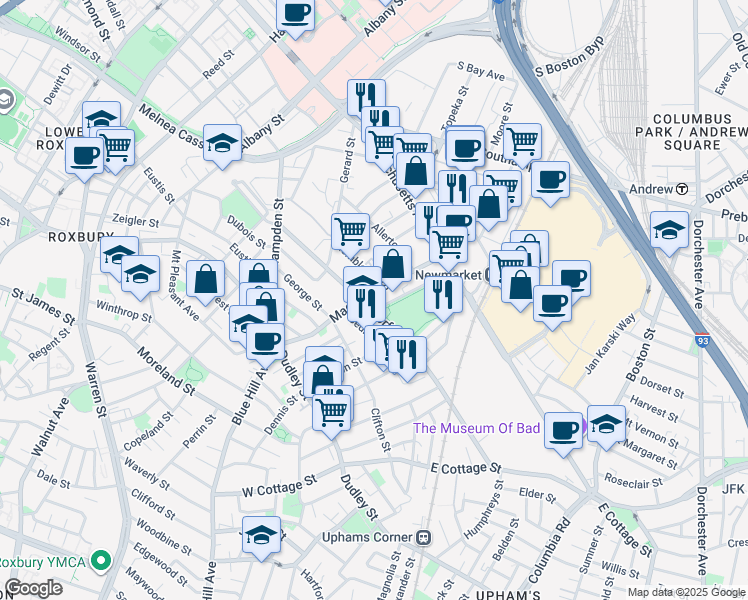 map of restaurants, bars, coffee shops, grocery stores, and more near 124 Norfolk Avenue in Boston