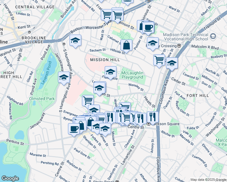 map of restaurants, bars, coffee shops, grocery stores, and more near 6 Bucknam Street in Boston