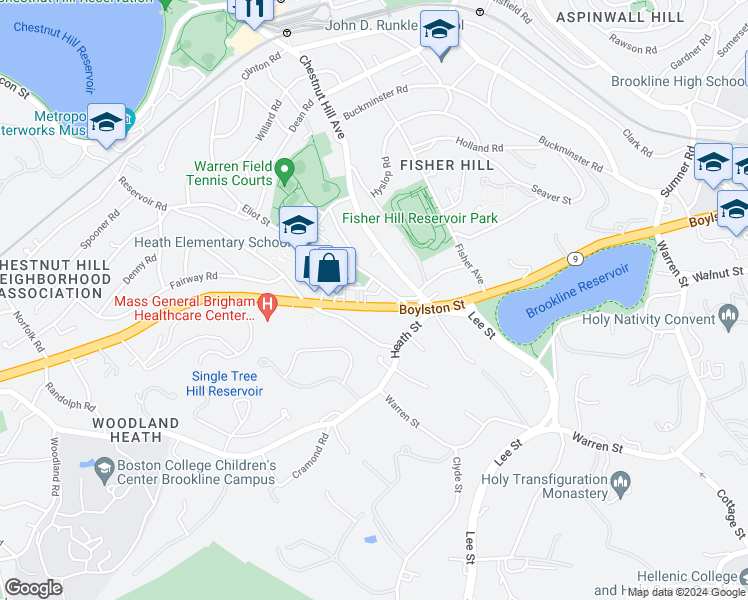 map of restaurants, bars, coffee shops, grocery stores, and more near 765 Boylston Street in Brookline