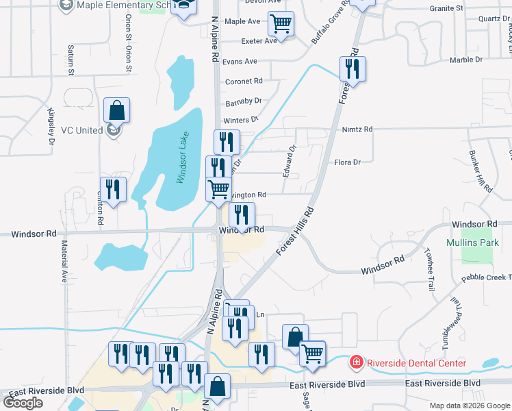 map of restaurants, bars, coffee shops, grocery stores, and more near 2107 Rivington Road in Loves Park