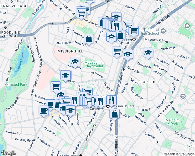 map of restaurants, bars, coffee shops, grocery stores, and more near 24 Wensley Street in Boston