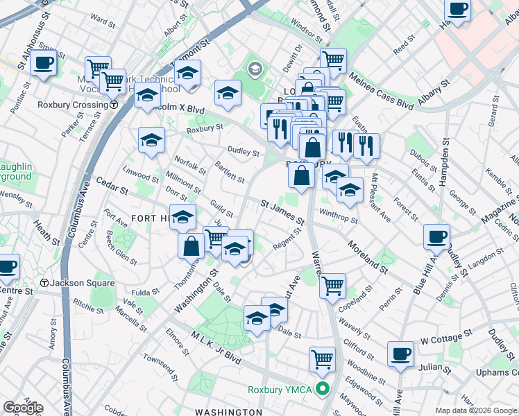 map of restaurants, bars, coffee shops, grocery stores, and more near 2 Saint James Place in Boston