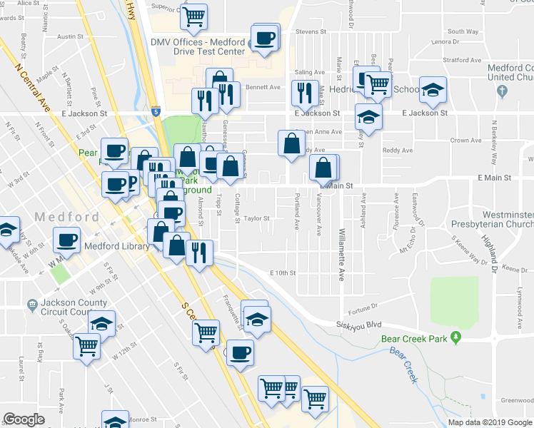map of restaurants, bars, coffee shops, grocery stores, and more near 839 Taylor Street in Medford