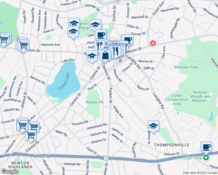 map of restaurants, bars, coffee shops, grocery stores, and more near 21 Parker Street in Newton