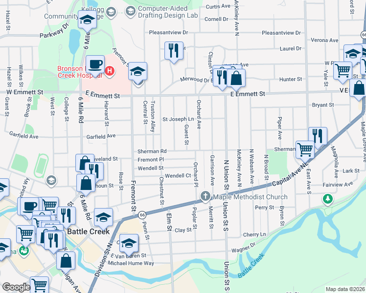 map of restaurants, bars, coffee shops, grocery stores, and more near 19 Guest Street in Battle Creek