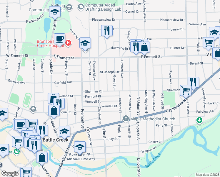 map of restaurants, bars, coffee shops, grocery stores, and more near 19 Guest Street in Battle Creek