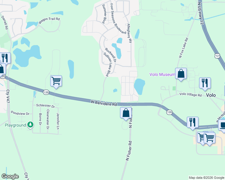 map of restaurants, bars, coffee shops, grocery stores, and more near 32048 Rockwell Drive in Lakemoor