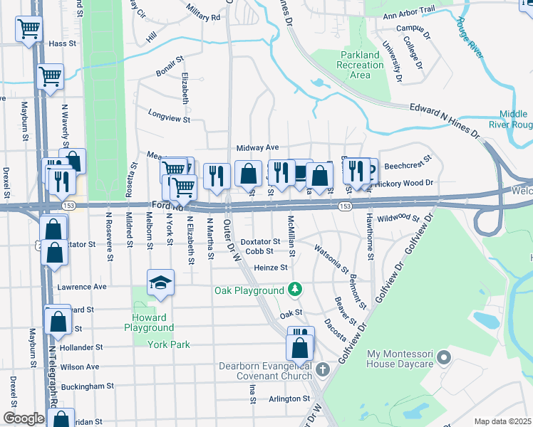 map of restaurants, bars, coffee shops, grocery stores, and more near 2237 Burger Street in Dearborn
