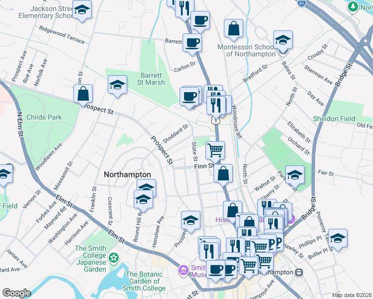 map of restaurants, bars, coffee shops, grocery stores, and more near 250 State Street in Northampton