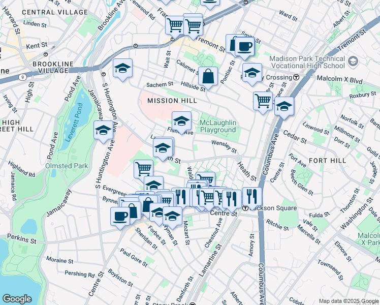 map of restaurants, bars, coffee shops, grocery stores, and more near 6 Bucknam Street in Boston