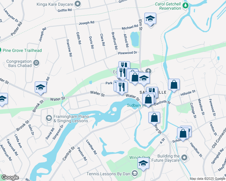map of restaurants, bars, coffee shops, grocery stores, and more near 4 Park Avenue in Framingham