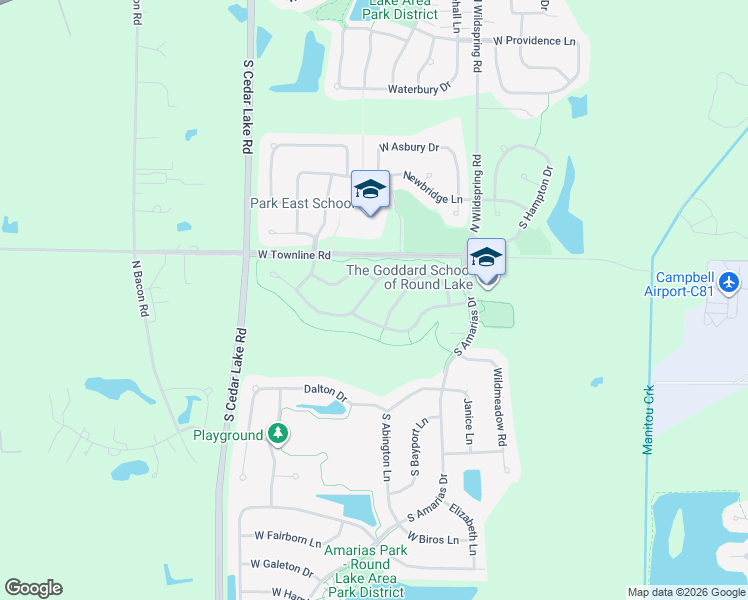 map of restaurants, bars, coffee shops, grocery stores, and more near 377 Highplains Road in Round Lake