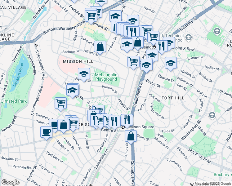 map of restaurants, bars, coffee shops, grocery stores, and more near 4 Fisher Avenue in Boston