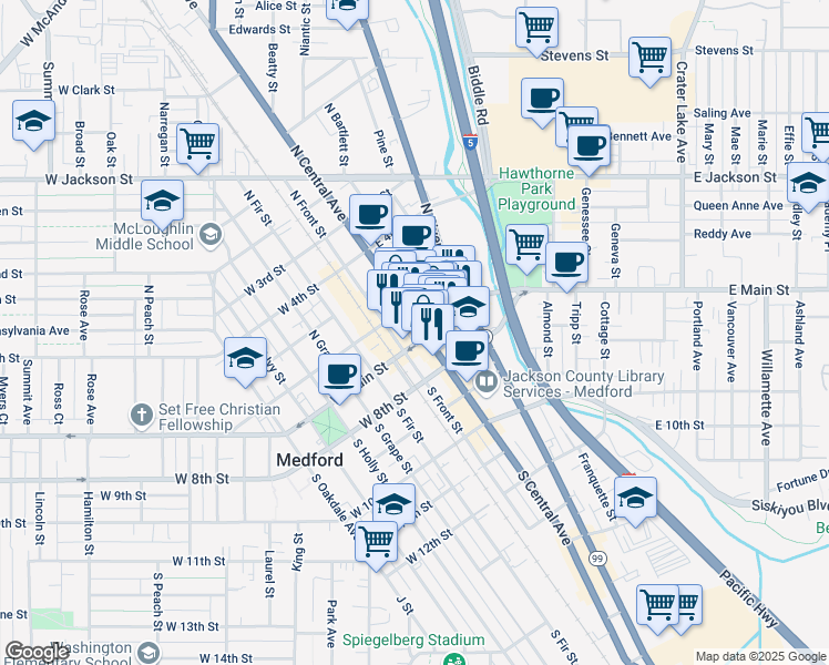 map of restaurants, bars, coffee shops, grocery stores, and more near 14 North Central Avenue in Medford