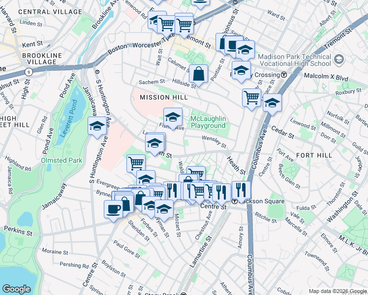 map of restaurants, bars, coffee shops, grocery stores, and more near 6 Bucknam Street in Boston