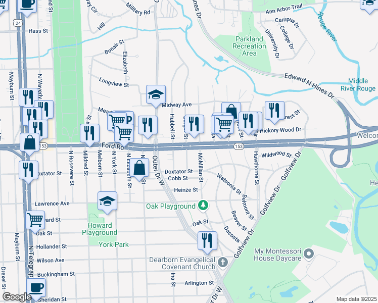 map of restaurants, bars, coffee shops, grocery stores, and more near 2237 Burger Street in Dearborn
