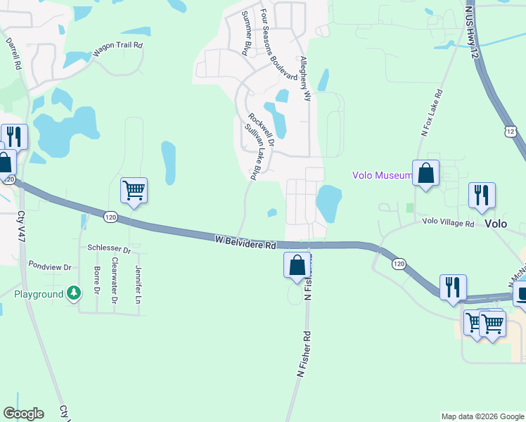 map of restaurants, bars, coffee shops, grocery stores, and more near 32048 Rockwell Drive in Lakemoor