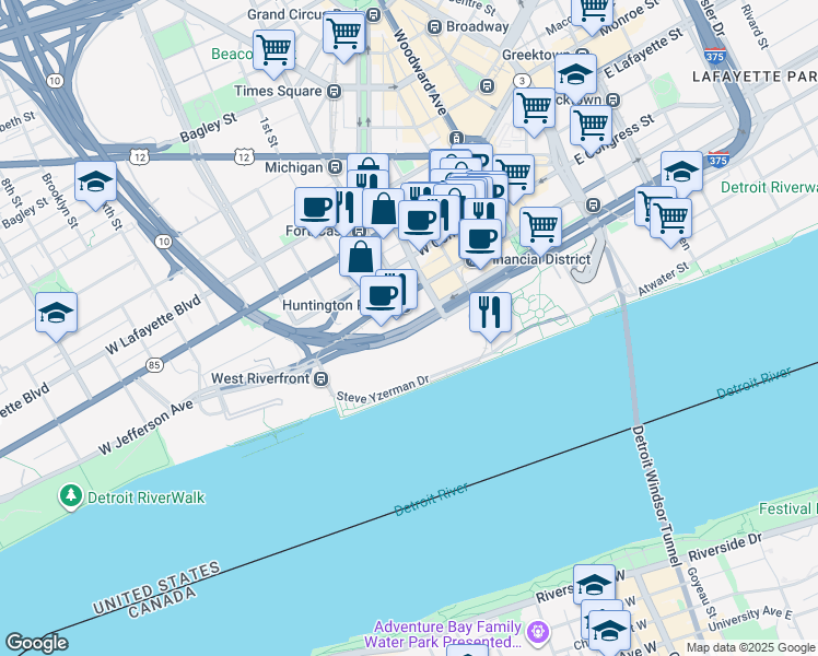 map of restaurants, bars, coffee shops, grocery stores, and more near 1 Washington Boulevard in Detroit