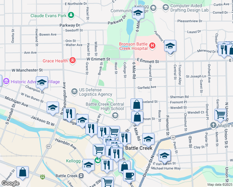 map of restaurants, bars, coffee shops, grocery stores, and more near 115 West Street in Battle Creek