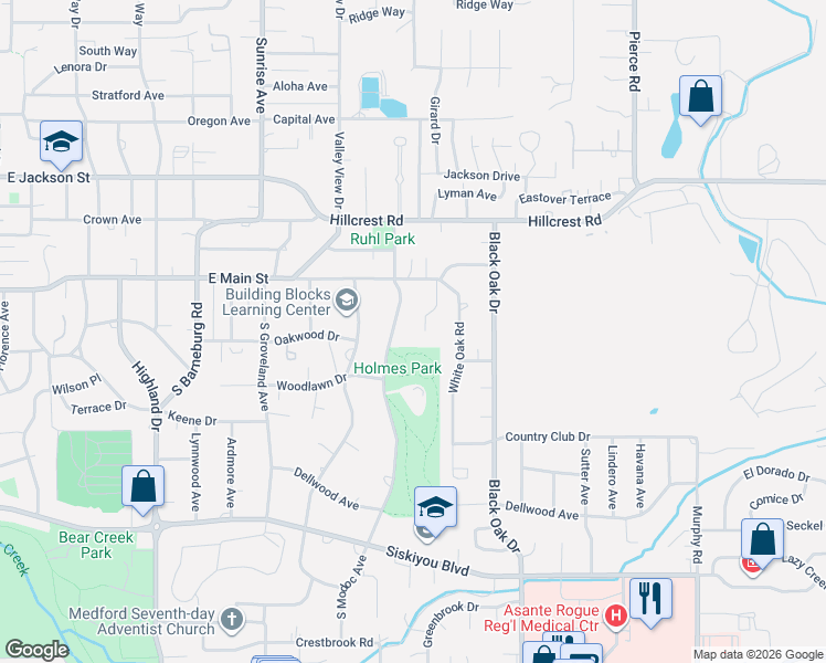 map of restaurants, bars, coffee shops, grocery stores, and more near 60 Fair Oaks Drive in Medford