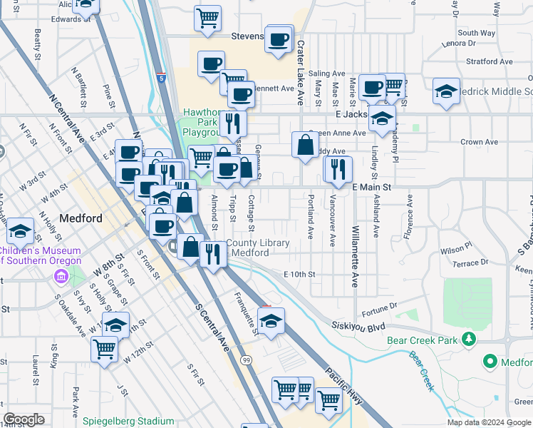 map of restaurants, bars, coffee shops, grocery stores, and more near 22 Corning Court in Medford