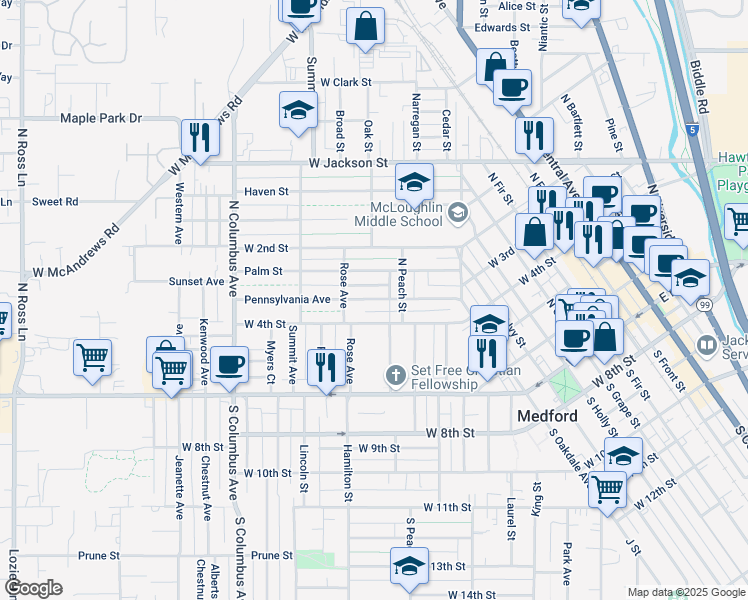map of restaurants, bars, coffee shops, grocery stores, and more near 632 Pennsylvania Avenue in Medford