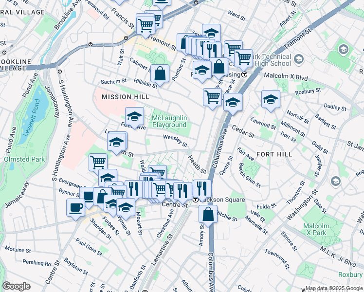 map of restaurants, bars, coffee shops, grocery stores, and more near 24 Wensley Street in Boston
