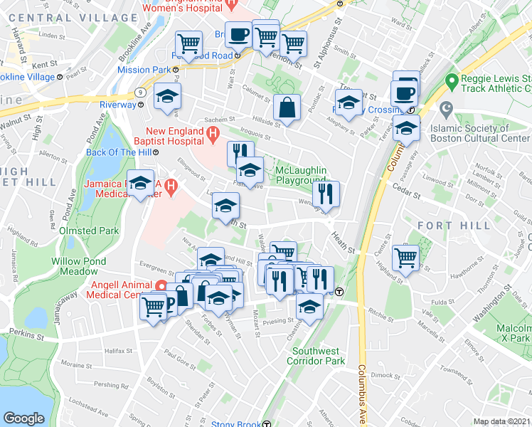 map of restaurants, bars, coffee shops, grocery stores, and more near 6 Bucknam Street in Boston