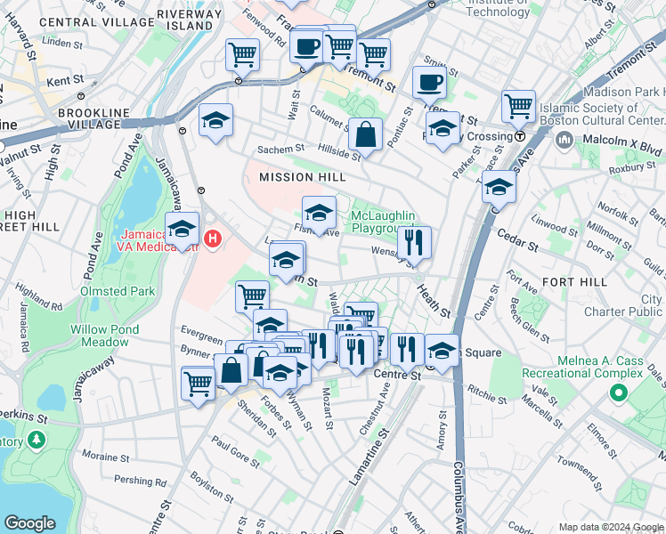 map of restaurants, bars, coffee shops, grocery stores, and more near 6 Bucknam Street in Boston