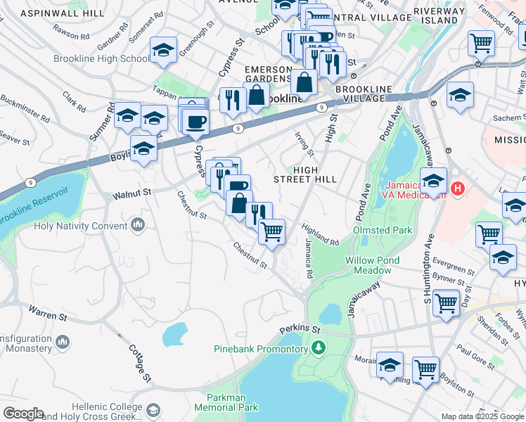 map of restaurants, bars, coffee shops, grocery stores, and more near 23 Roberts Street in Brookline