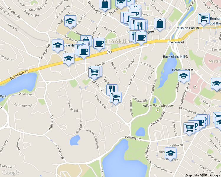 map of restaurants, bars, coffee shops, grocery stores, and more near 23 Roberts Street in Brookline