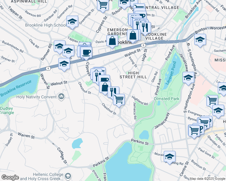 map of restaurants, bars, coffee shops, grocery stores, and more near 23 Roberts Street in Brookline