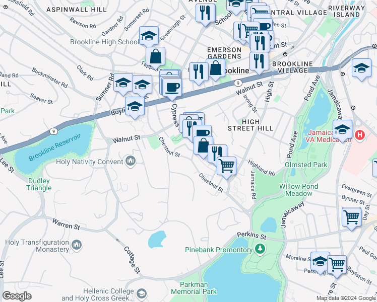 map of restaurants, bars, coffee shops, grocery stores, and more near 25 Prince Street in Brookline