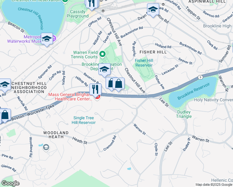 map of restaurants, bars, coffee shops, grocery stores, and more near 36 Eliot Crescent in Brookline