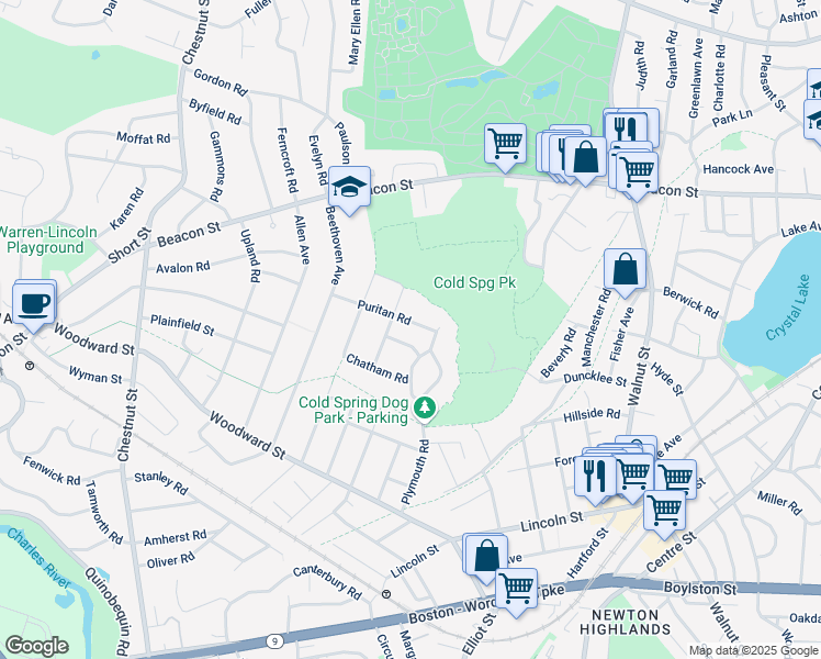 map of restaurants, bars, coffee shops, grocery stores, and more near 17 Puritan Road in Newton