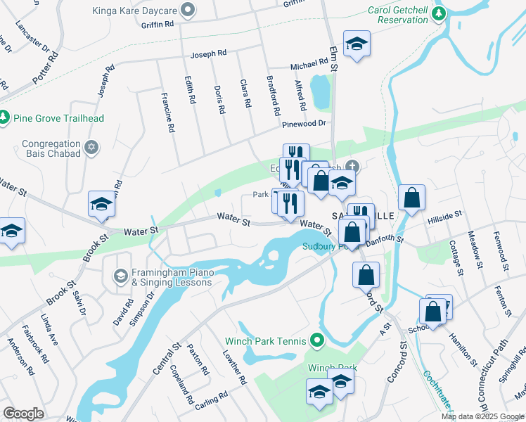 map of restaurants, bars, coffee shops, grocery stores, and more near 18 Park Avenue in Framingham