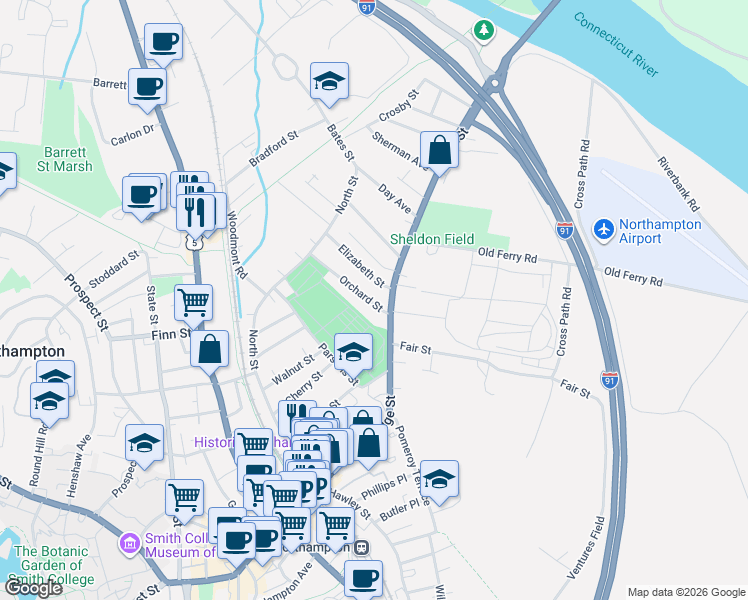 map of restaurants, bars, coffee shops, grocery stores, and more near 212 Bridge Street in Northampton