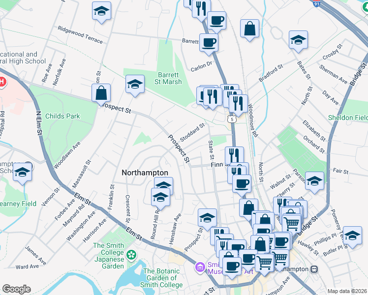 map of restaurants, bars, coffee shops, grocery stores, and more near 12 Perkins Avenue in Northampton