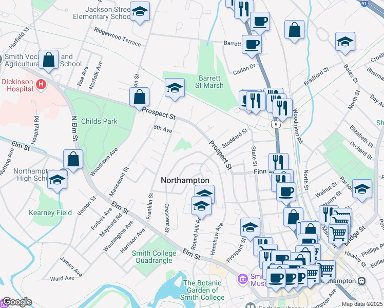 map of restaurants, bars, coffee shops, grocery stores, and more near 141 Crescent Street in Northampton