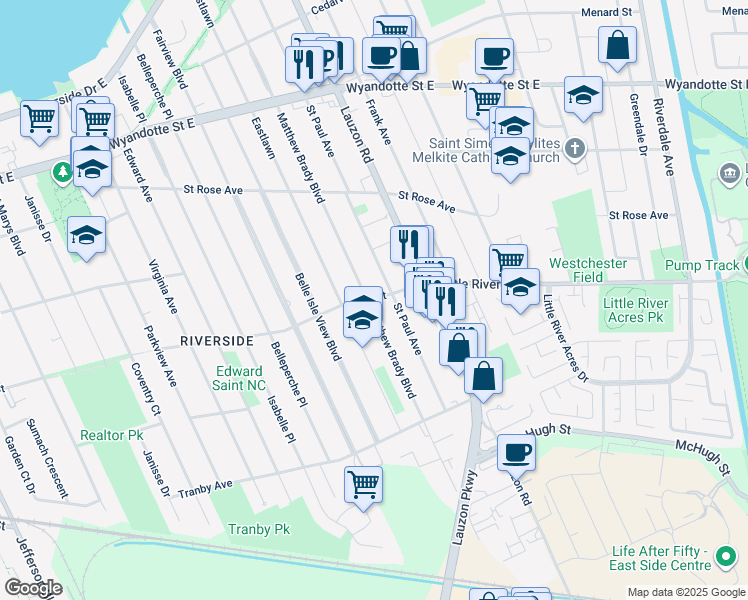 map of restaurants, bars, coffee shops, grocery stores, and more near 1080 Matthew Brady Boulevard in Windsor