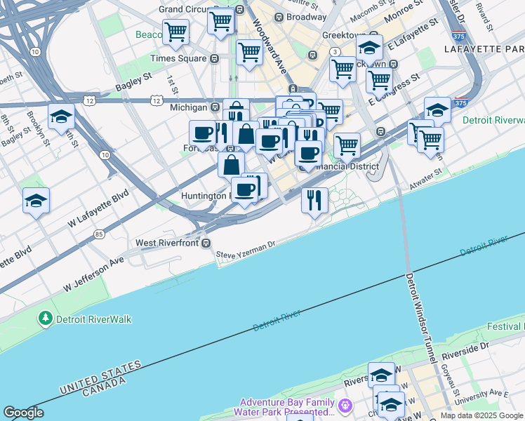 map of restaurants, bars, coffee shops, grocery stores, and more near in Detroit