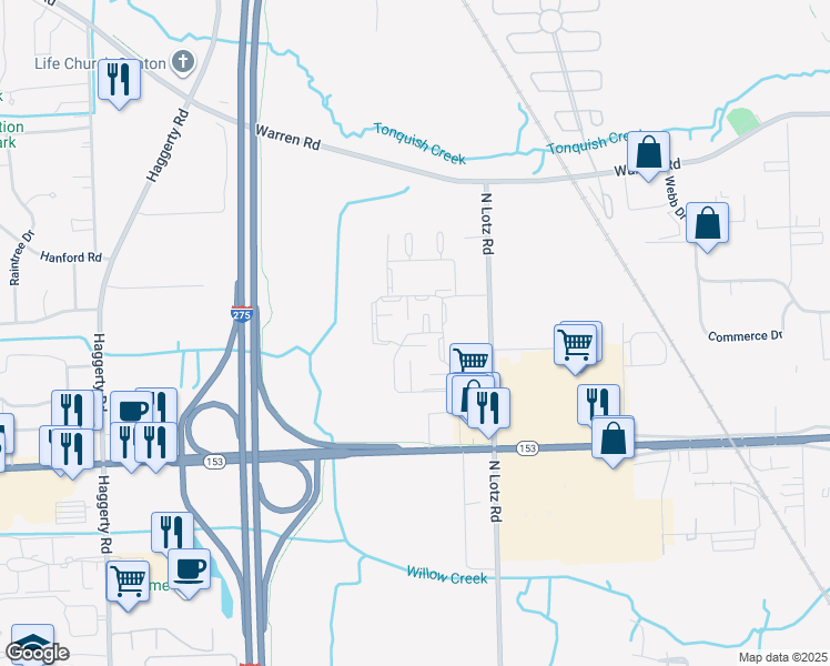 map of restaurants, bars, coffee shops, grocery stores, and more near 5955 Edinburgh Street in Canton