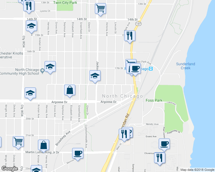map of restaurants, bars, coffee shops, grocery stores, and more near 916 18th Street in North Chicago