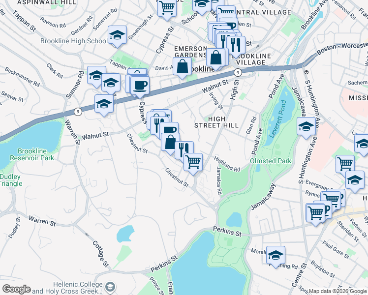 map of restaurants, bars, coffee shops, grocery stores, and more near 23 Roberts Street in Brookline