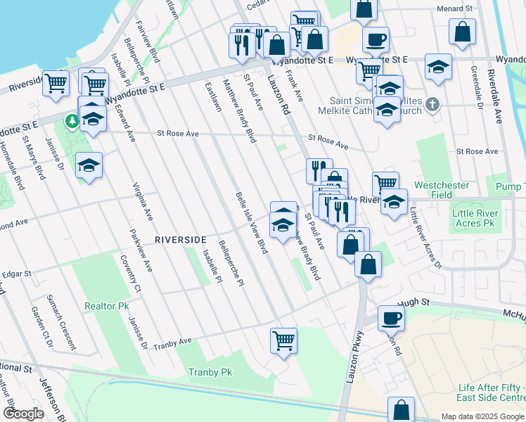 map of restaurants, bars, coffee shops, grocery stores, and more near 1085 Eastlawn Avenue in Windsor