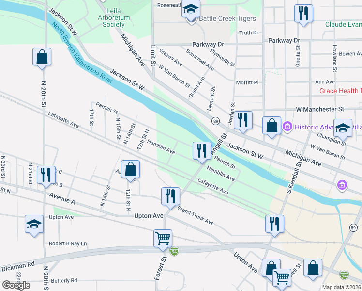 map of restaurants, bars, coffee shops, grocery stores, and more near 260 Parrish Street in Battle Creek