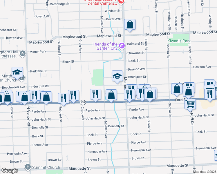map of restaurants, bars, coffee shops, grocery stores, and more near 31586 Beechwood Avenue in Garden City