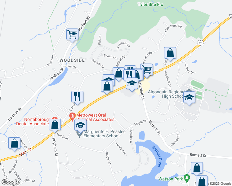 map of restaurants, bars, coffee shops, grocery stores, and more near 252 Main Street in Northborough