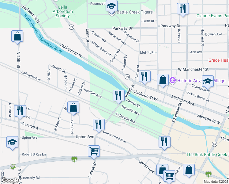 map of restaurants, bars, coffee shops, grocery stores, and more near 236 Parrish Street in Battle Creek