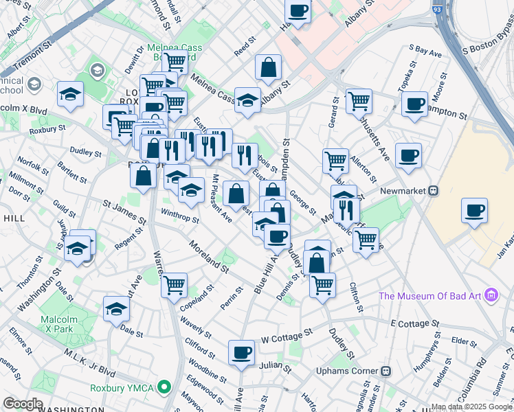 map of restaurants, bars, coffee shops, grocery stores, and more near 339 Dudley Street in Boston